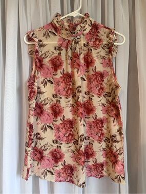 Enlin Tan and Pink Floral Sheer Mock Neck Sleeveless Ruffle Top Size M